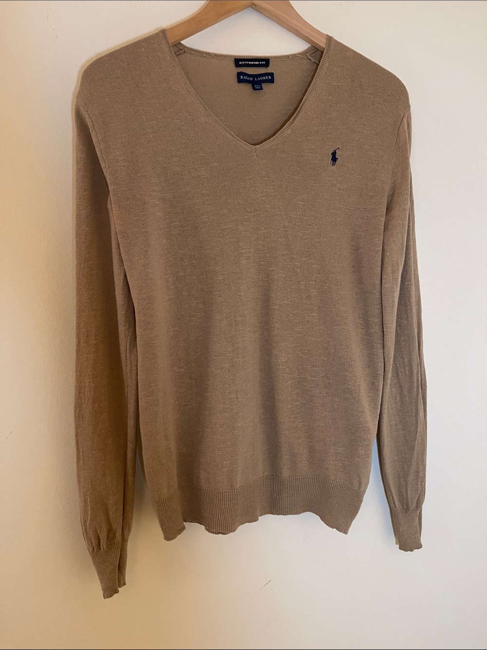 Ralph Lauren Women's V-Neck Sweater in Tan with Navy Polo Boyfriend Fit M